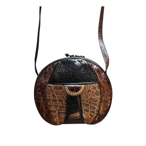 Vintage 80s Sharif Faux Animal Reptile Skins Brown Black Tan Canteen Purse Bag - Picture 2 of 9